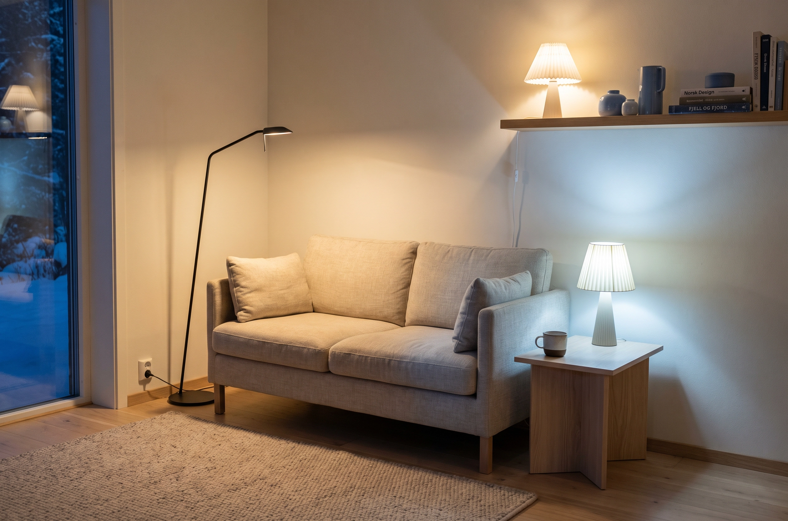 Stuekrok med tre tente lamper, der to gir varmt gult lys og den tredje gir kaldt blåhvitt lys som skiller seg tydelig ut mot resten av rommet.