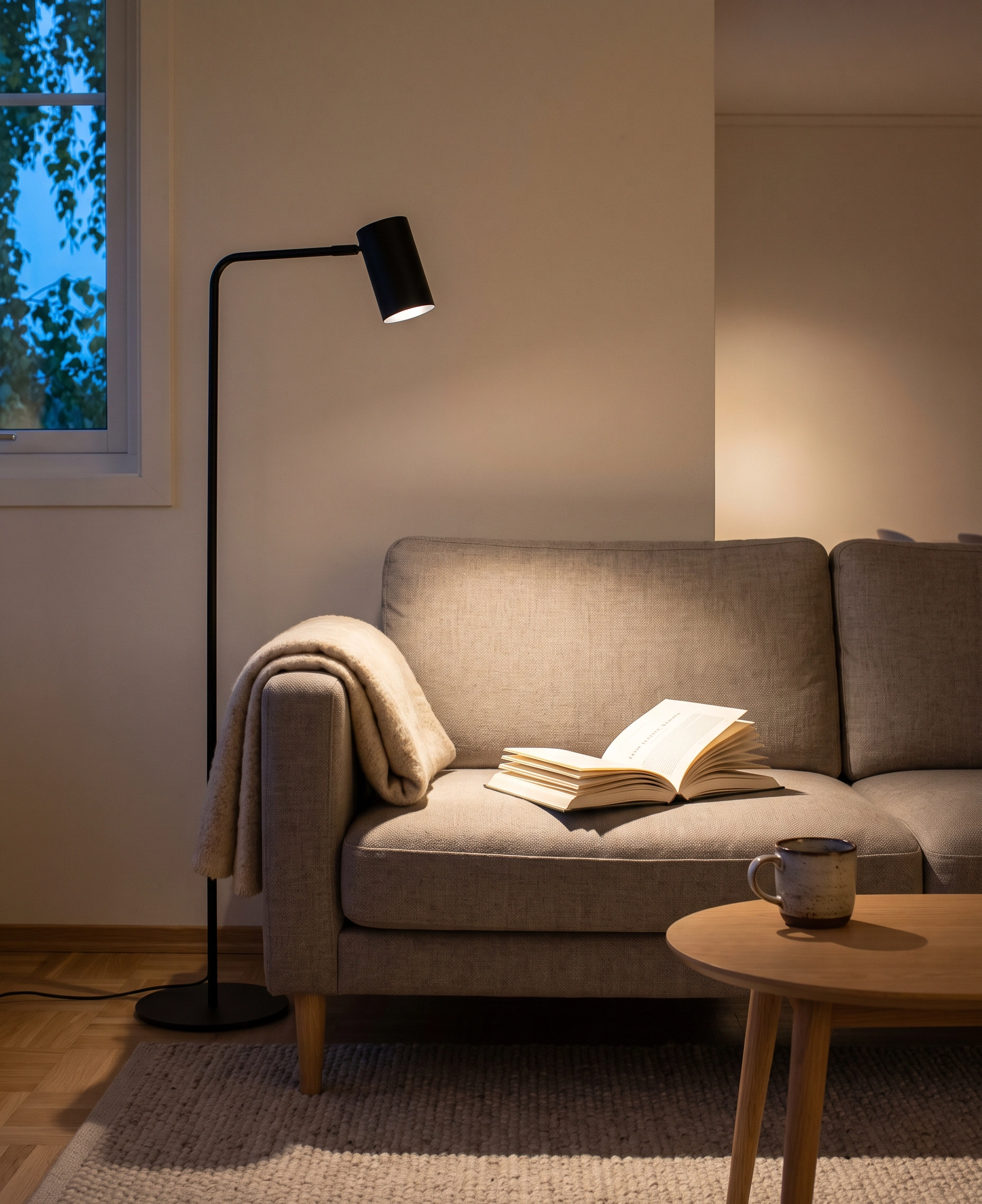 Leselampe ved siden av en sofa, med underkanten av skjermen like under øyehøyde for den som sitter, og et varmt lys som faller ned på en oppslått bok.