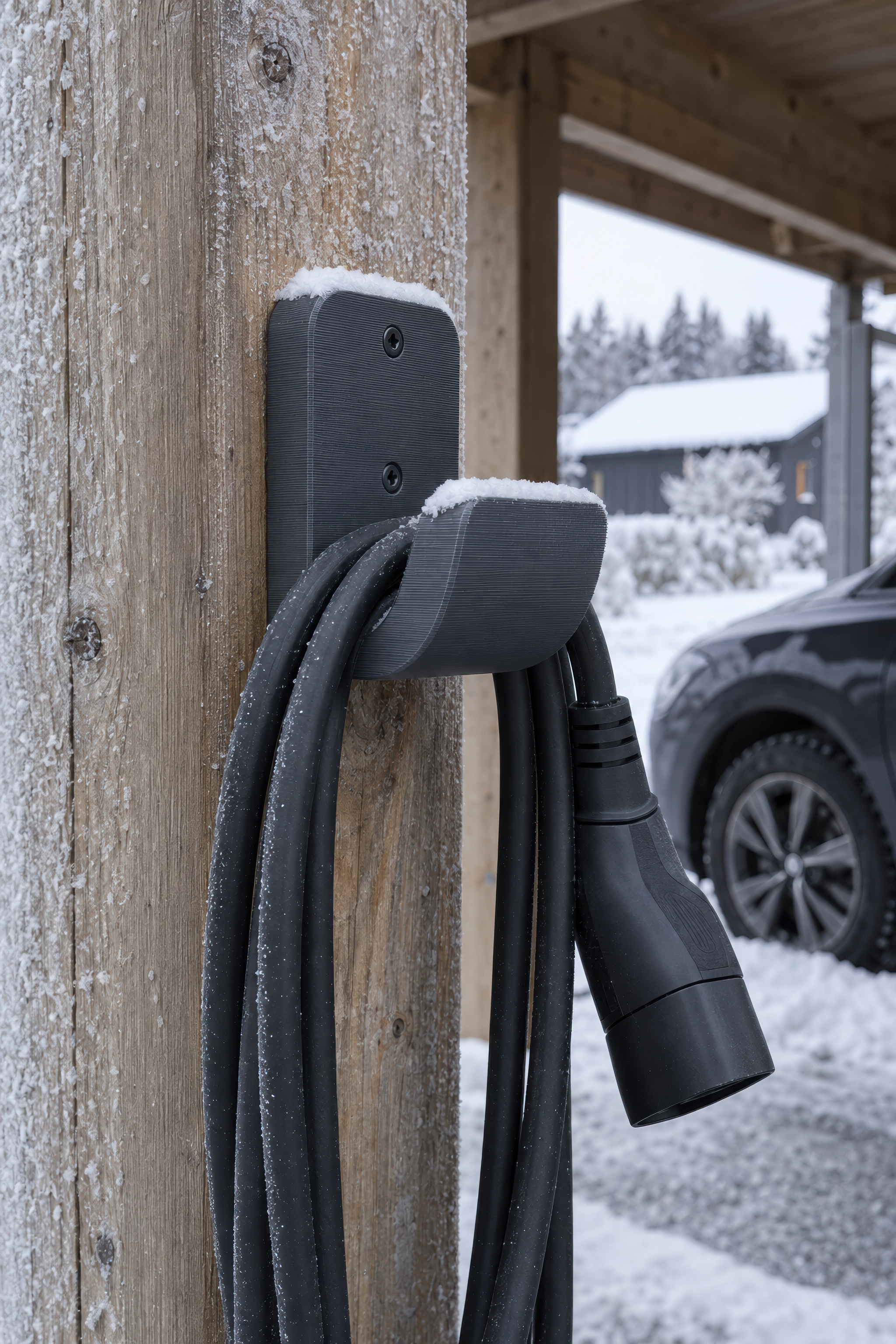 En mørk grå 3D-printet kabelholder på en stolpe i en carport om vinteren, med rim på treverket og en ladekabel hengende fra holderen.