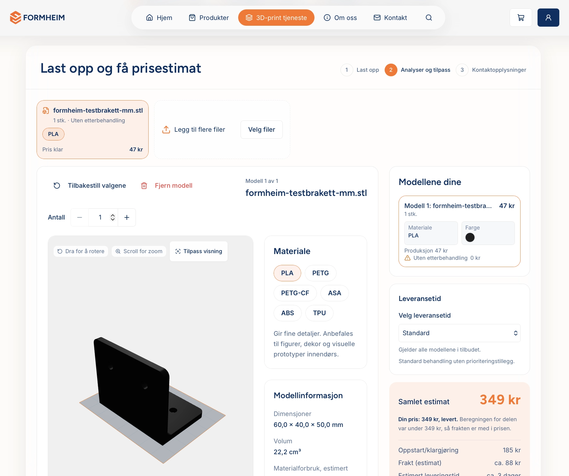 Formheims estimator viser en opplastet STL-fil i 3D med mål og prisestimat.