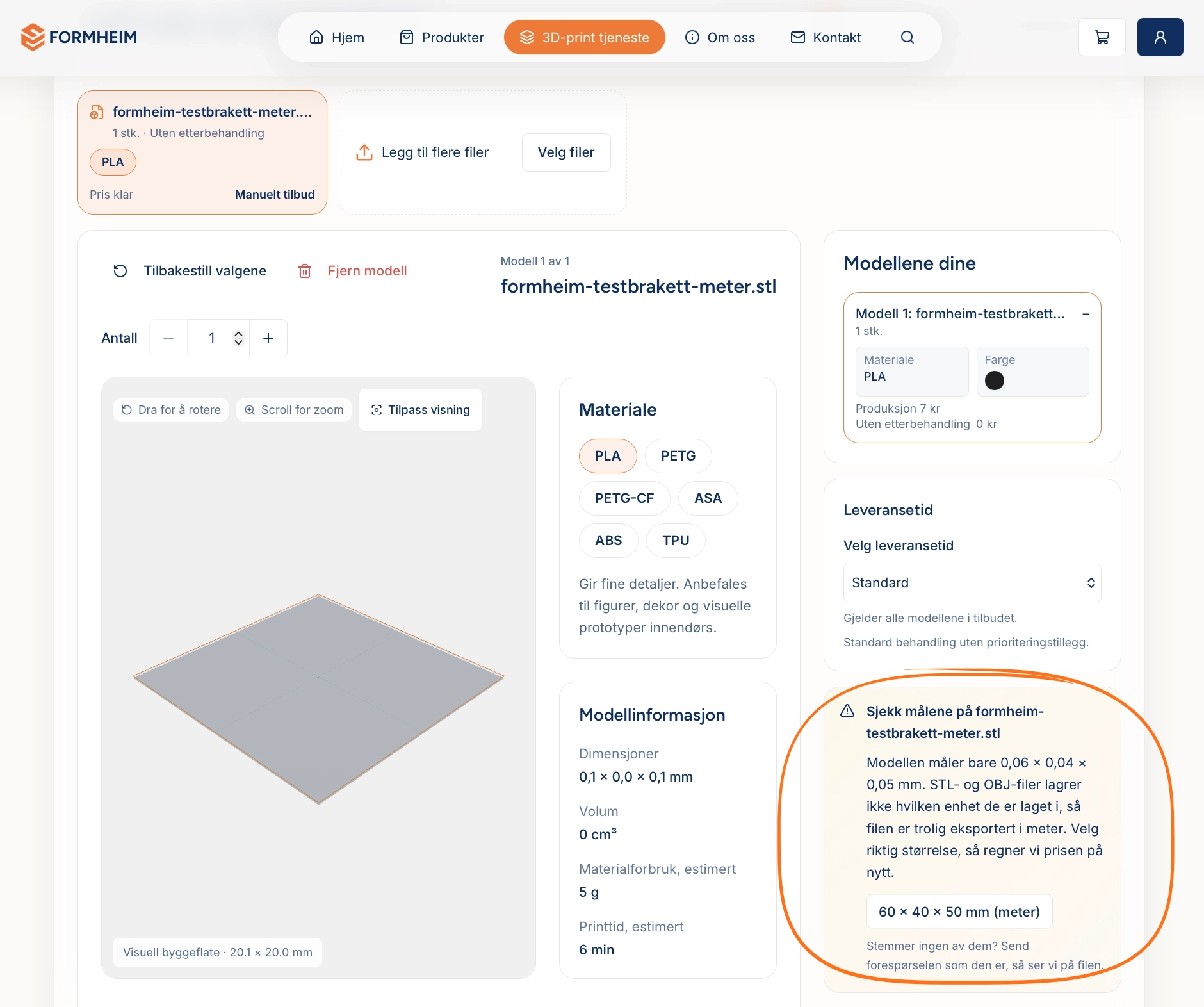 Estimatoren foreslår riktig enhet når en STL-fil er eksportert i meter i stedet for millimeter.