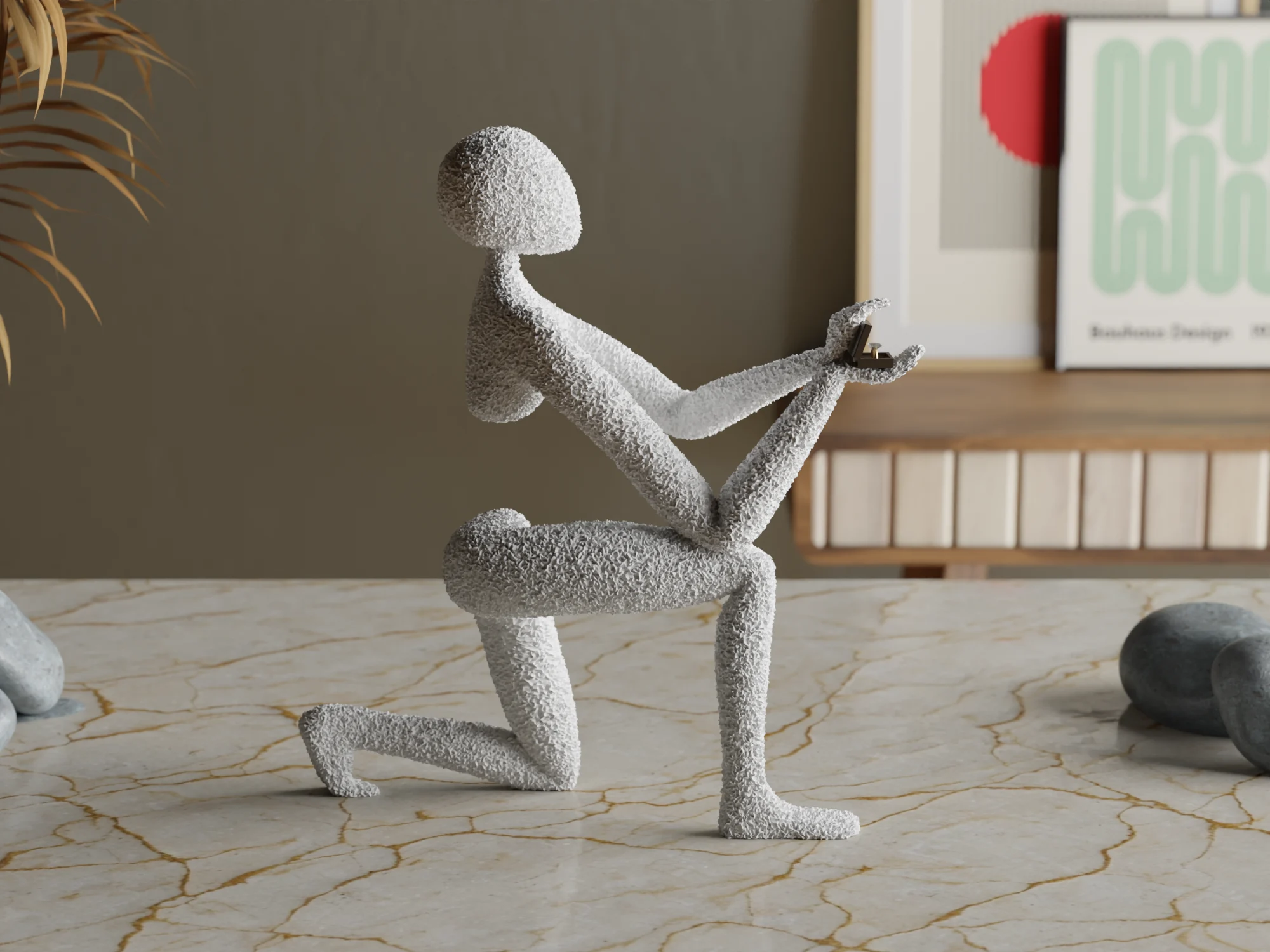 Figur på kne med ring i en boks