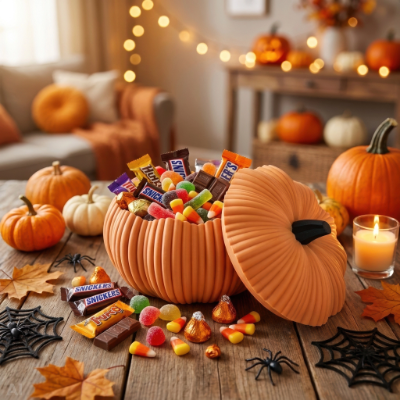 Gresskarskålen fyllt med godis, skikkelig Halloween-stemning